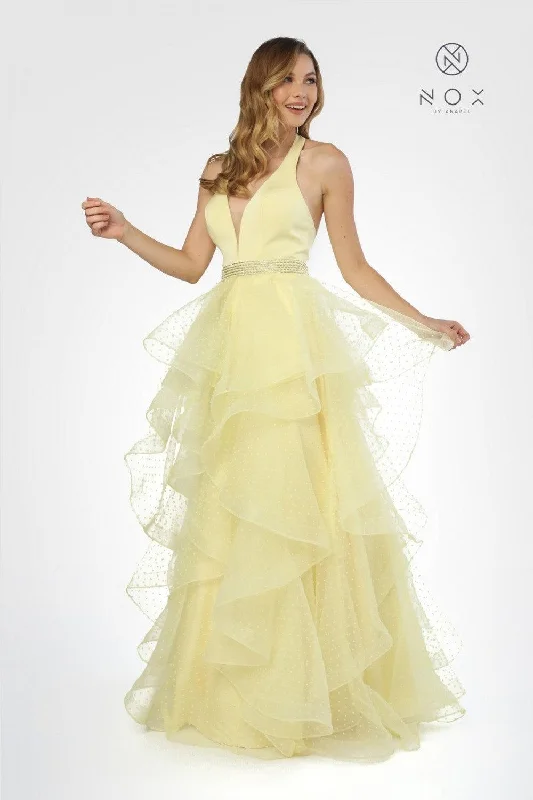 Long Halter V Neck Ruffled Prom Dress Evening Gown