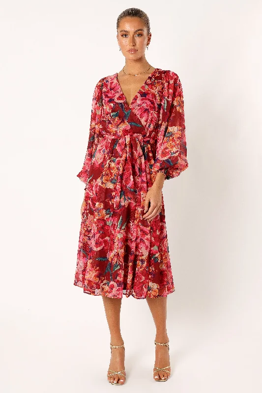 Goldie Longsleeve Midi Dress - Red Floral