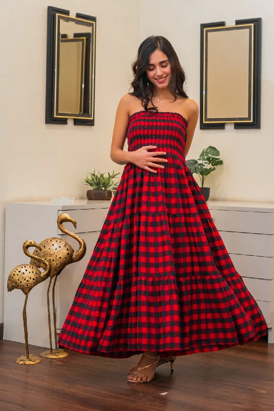 Gorgeous Red Plaid Off Shoulder Maternity Layered Dress