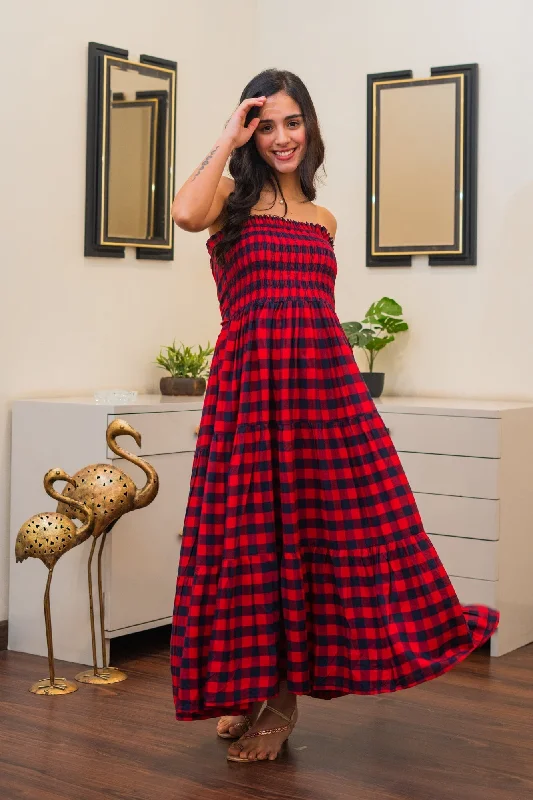 Gorgeous Red Plaid Off Shoulder Maternity Layered Dress