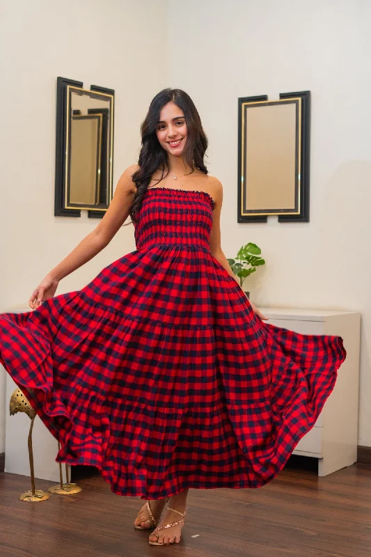 Gorgeous Red Plaid Off Shoulder Maternity Layered Dress