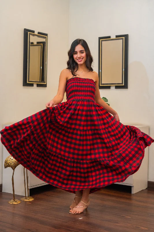 Gorgeous Red Plaid Off Shoulder Maternity Layered Dress