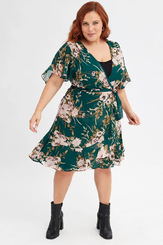 Green Floral Fit And Flare Dress Short Sleeve Wrap