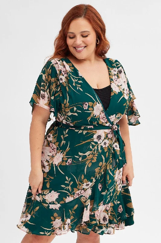 Green Floral Fit And Flare Dress Short Sleeve Wrap