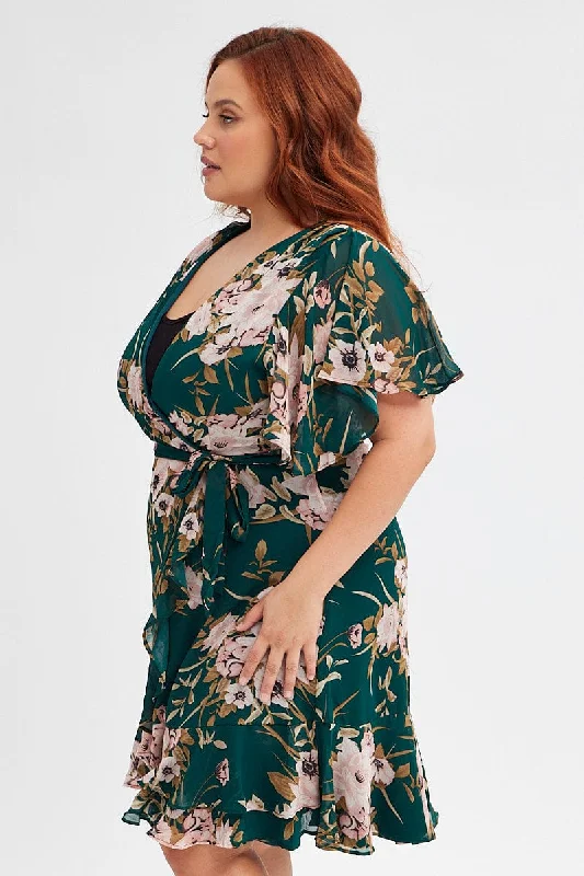 Green Floral Fit And Flare Dress Short Sleeve Wrap