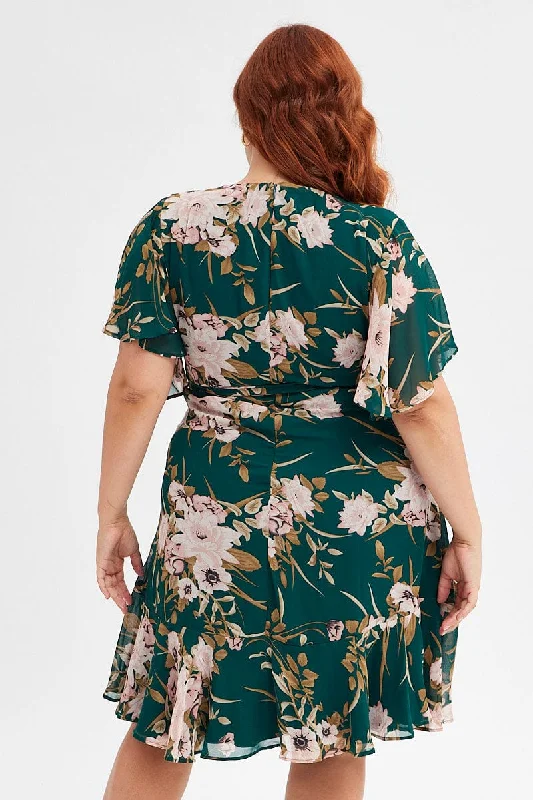 Green Floral Fit And Flare Dress Short Sleeve Wrap