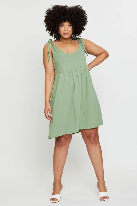 Green Smock Dress Scoop Neck Sleeveless Tie