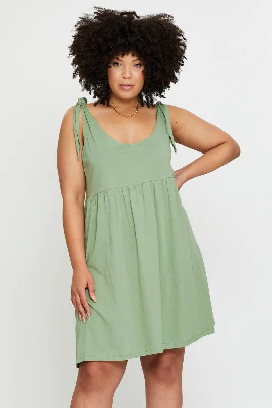 Green Smock Dress Scoop Neck Sleeveless Tie