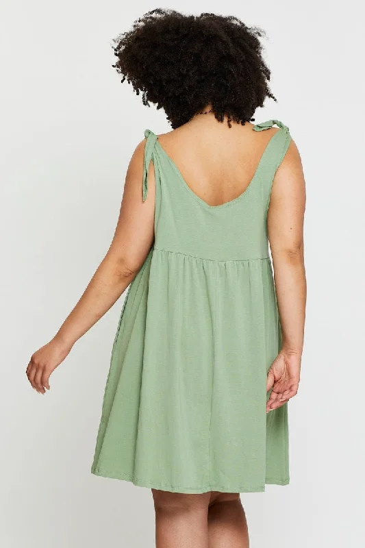 Green Smock Dress Scoop Neck Sleeveless Tie