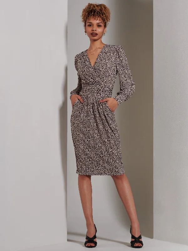 Gwen Print Long Sleeve Pegged Dress, Animal Multi