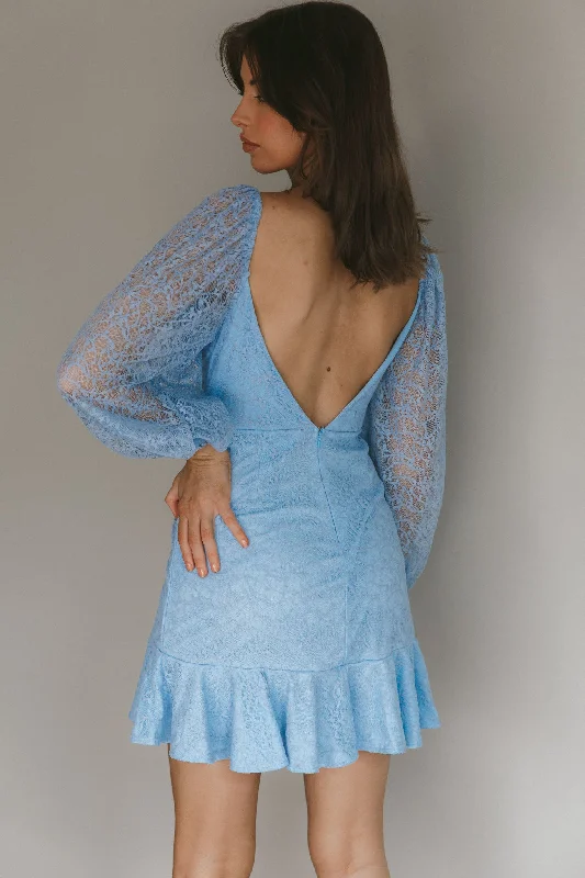 Halley Balloon Sleeve Frill Bust Flounce Hem Lace Dress Baby Blue