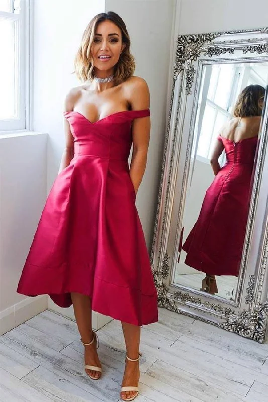 High Low Short Prom Dress with Pockets Off-Shoulder  Homecoming Dress  PD308