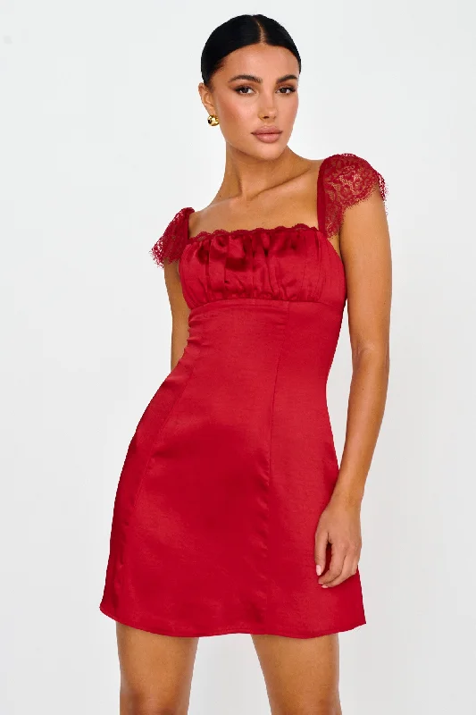 Invites Only Lace Shoulder Mini Dress Red