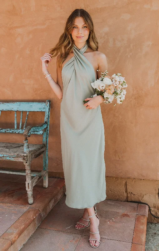 Jasmine Halter Midi Dress ~ Moss Green Crisp