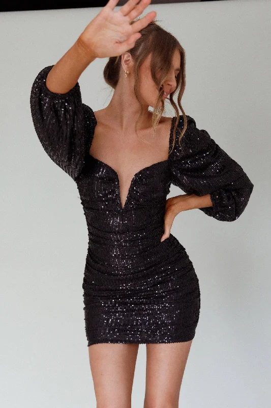 Jayde Balloon Sleeve Sequin Mini Dress Black