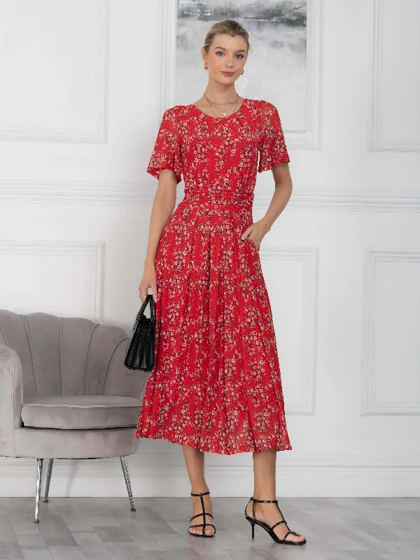 Julita Mesh Dress, Red Floral