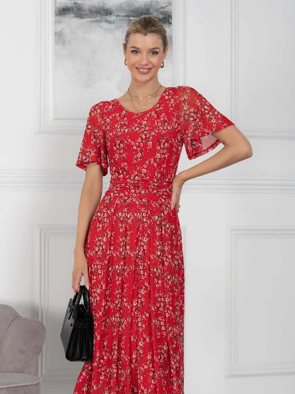 Julita Mesh Dress, Red Floral