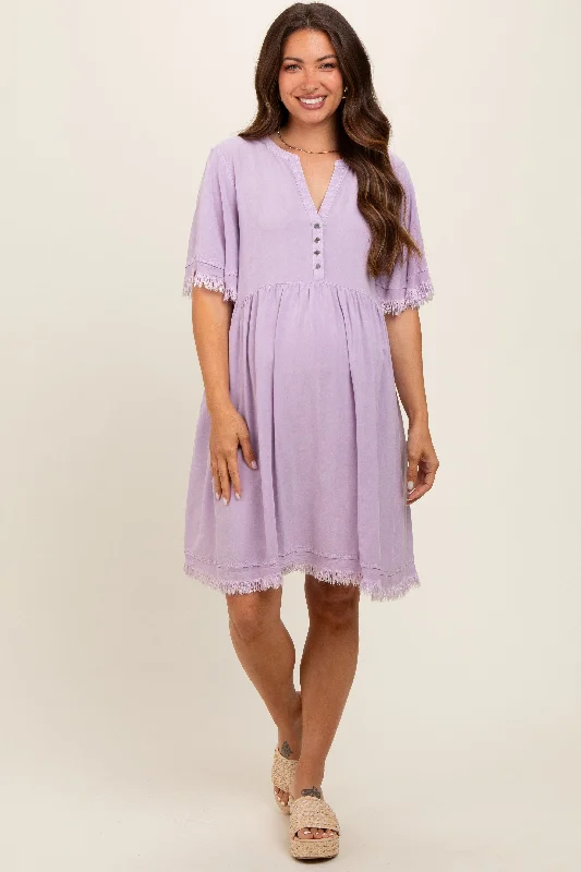 Lavender Button Front Frayed Maternity Dress