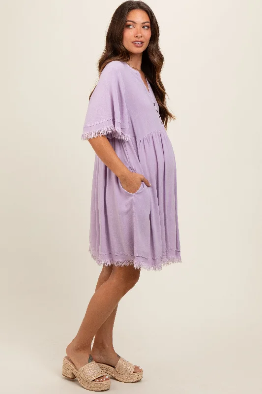 Lavender Button Front Frayed Maternity Dress