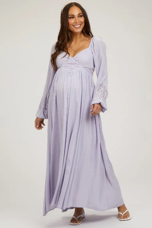 Lavender Lace Accent Long Sleeve Maternity Maxi Dress