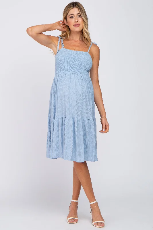 Light Blue Smocked Shoulder Tie Maternity Dress