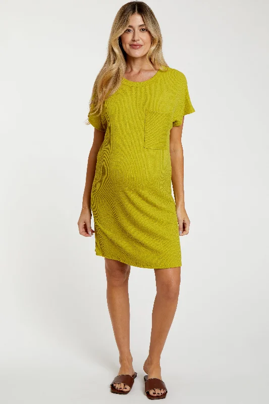 Lime Ribbed Front Pocket Dolman Short Sleeve Maternity Dress