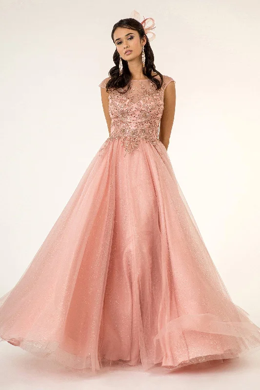 Long Formal Cap Sleeve Beaded A Line Prom Dress