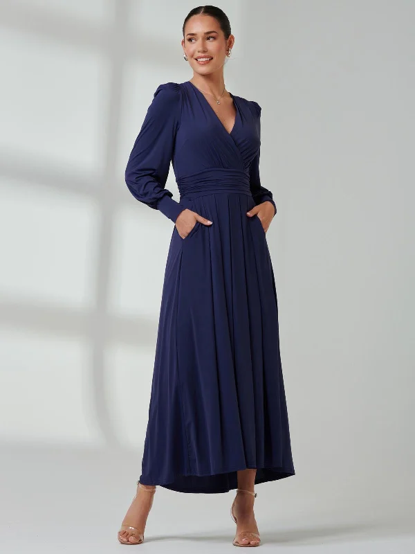 Long Sleeve Soft Silky Jersey Maxi Dress, Navy