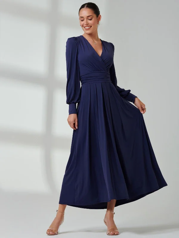 Long Sleeve Soft Silky Jersey Maxi Dress, Navy