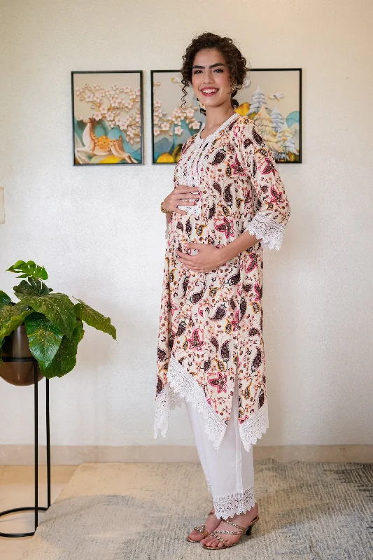 Luxe Ivory Tropical Leafy Maternity & Nursing Kurta + Bump Band Bottom (2 Pc)