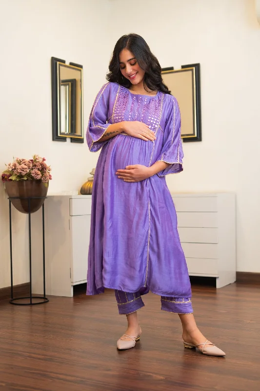 Luxe Lilac Embroidered Chanderi Maternity Kurta + Bump Band Bottom (2 Pc)