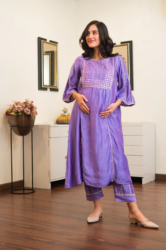 Luxe Lilac Embroidered Chanderi Maternity Kurta + Bump Band Bottom (2 Pc)