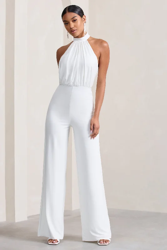 Maddie | White Backless Halter Neck Ruched Jumpsuit