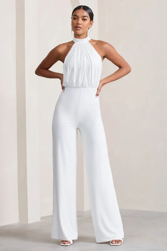 Maddie | White Backless Halter Neck Ruched Jumpsuit