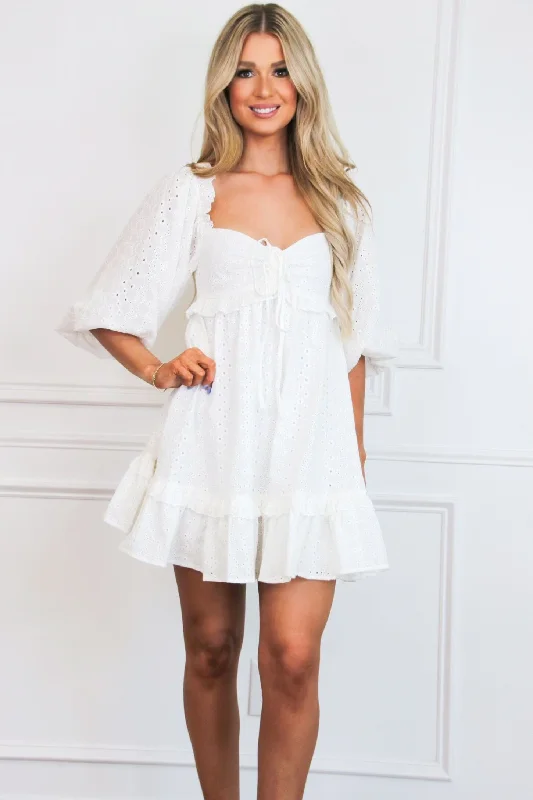 Maddy Eyelet Puff Sleeve Babydoll Dress: White