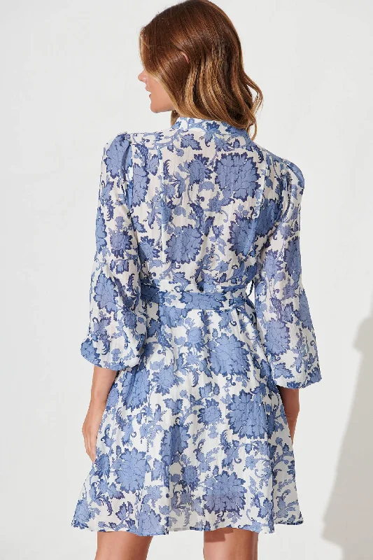 Mallorie Shirt Dress In Blue With White Floral Cotton Blend