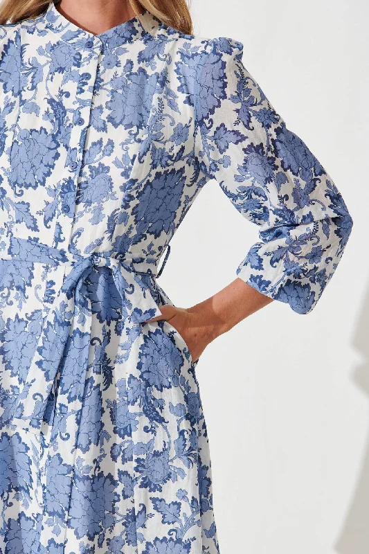 Mallorie Shirt Dress In Blue With White Floral Cotton Blend