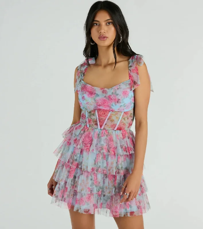 Mandy Corset Ruffle Rose Floral A-Line Party Dress