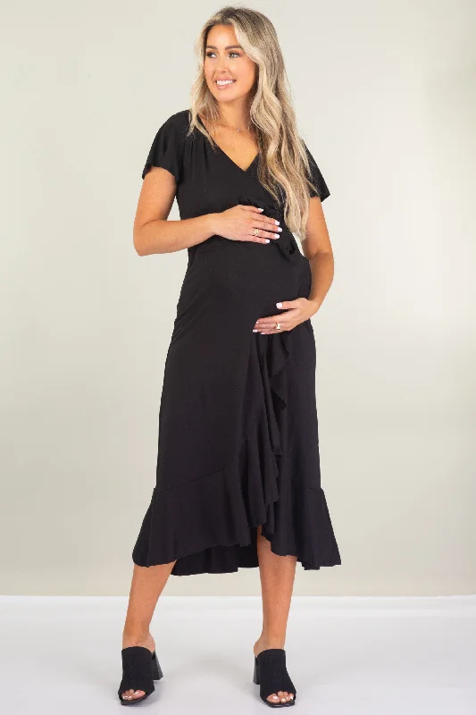 Maternity Faux Wrap Butterfly Sleeve Dress with Ruffles