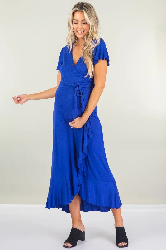 Maternity Faux Wrap Butterfly Sleeve Dress with Ruffles