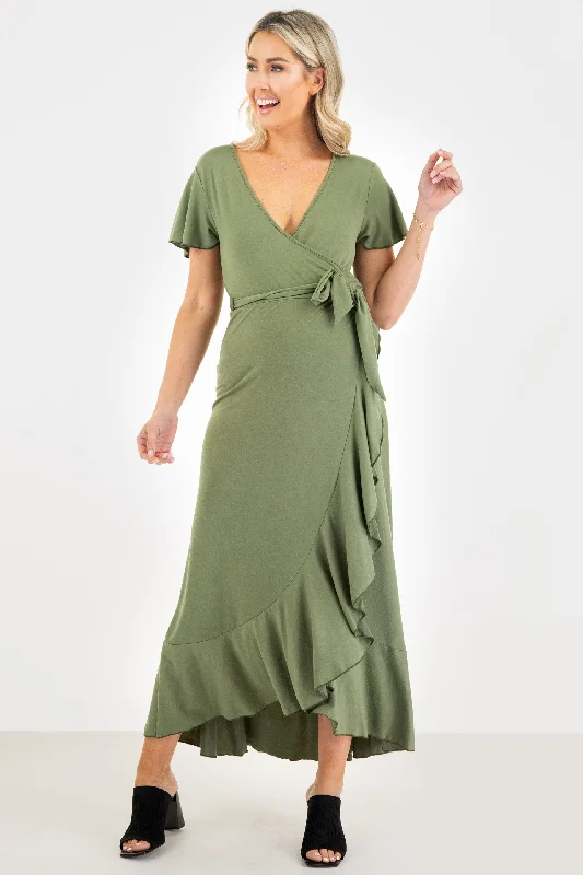 Maternity Faux Wrap Butterfly Sleeve Dress with Ruffles