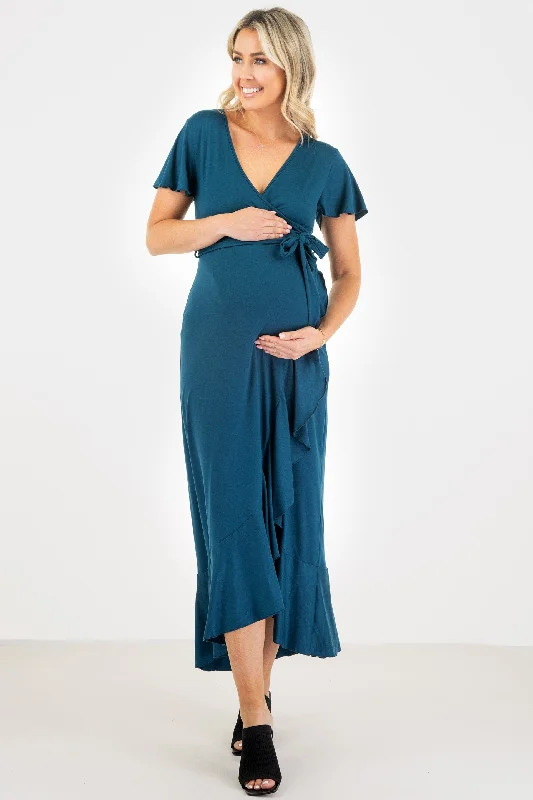 Maternity Faux Wrap Butterfly Sleeve Dress with Ruffles