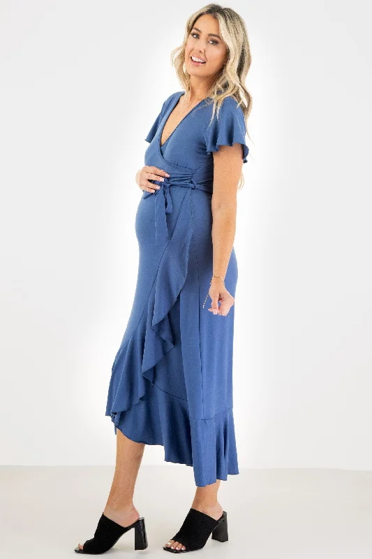 Maternity Faux Wrap Butterfly Sleeve Dress with Ruffles