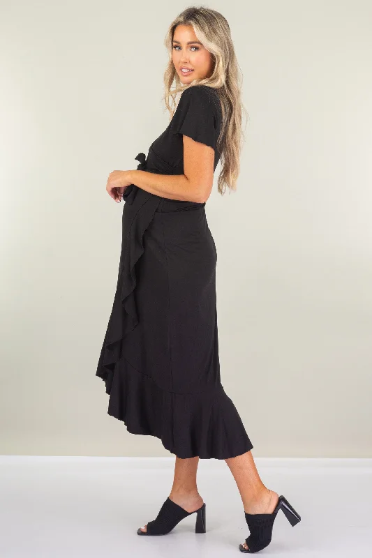 Maternity Faux Wrap Butterfly Sleeve Dress with Ruffles