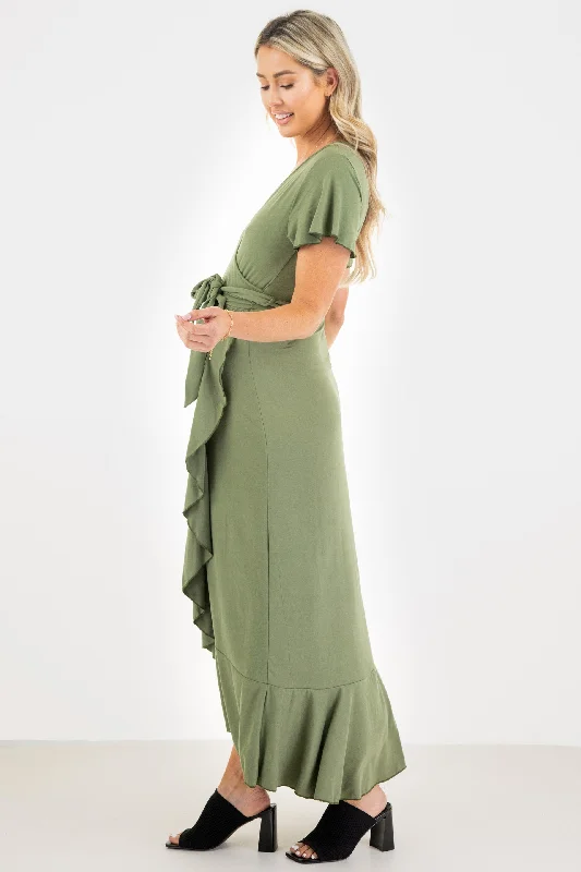 Maternity Faux Wrap Butterfly Sleeve Dress with Ruffles