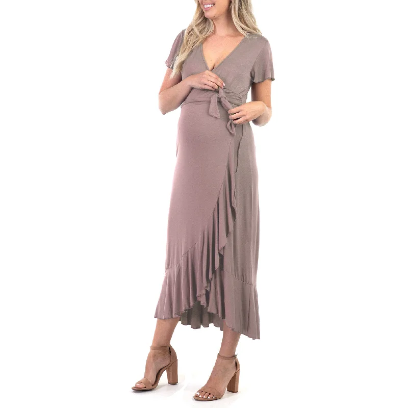 Maternity Faux Wrap Butterfly Sleeve Dress with Ruffles