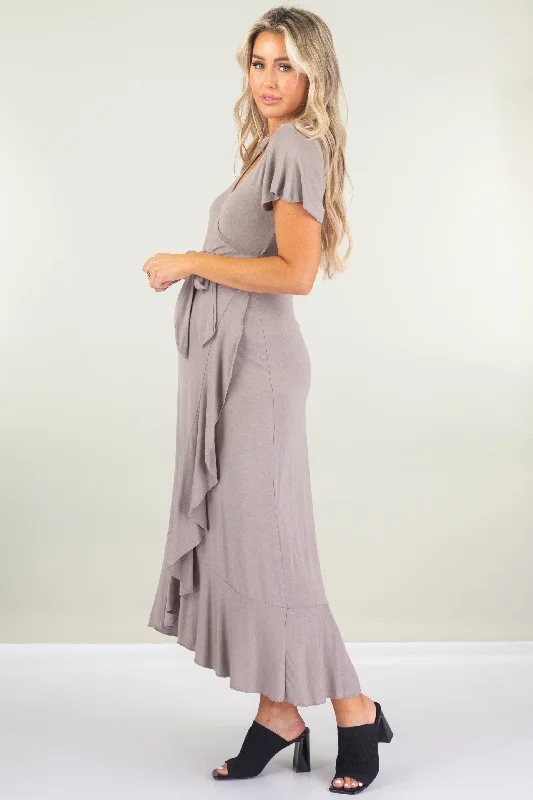 Maternity Faux Wrap Butterfly Sleeve Dress with Ruffles