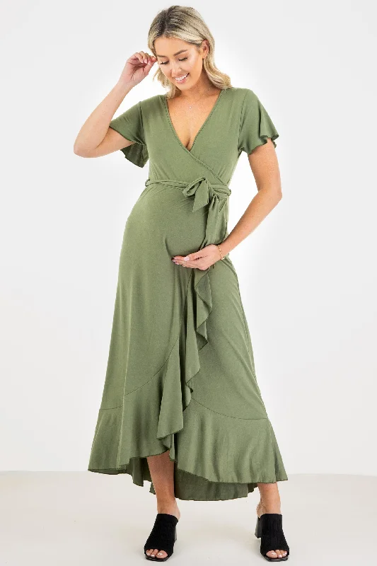 Maternity Faux Wrap Butterfly Sleeve Dress with Ruffles