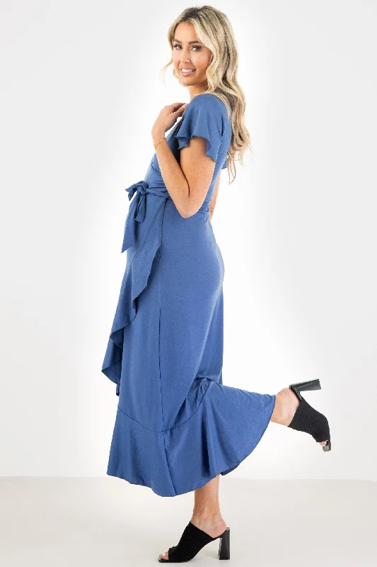 Maternity Faux Wrap Butterfly Sleeve Dress with Ruffles