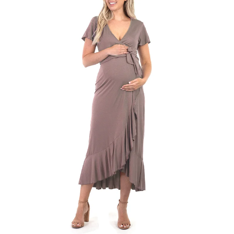 Maternity Faux Wrap Butterfly Sleeve Dress with Ruffles